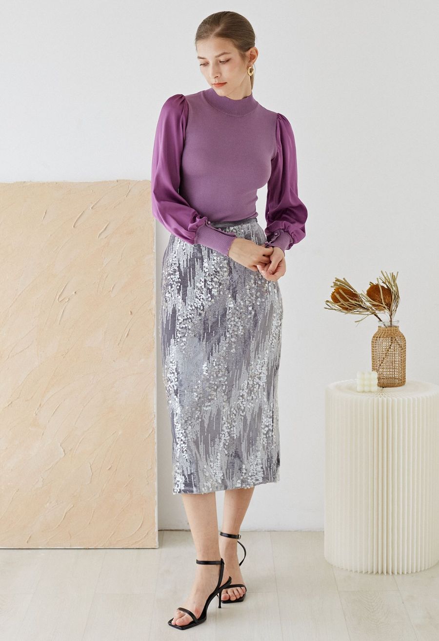 Mock Neck Satin Spliced Knit Top in Violet