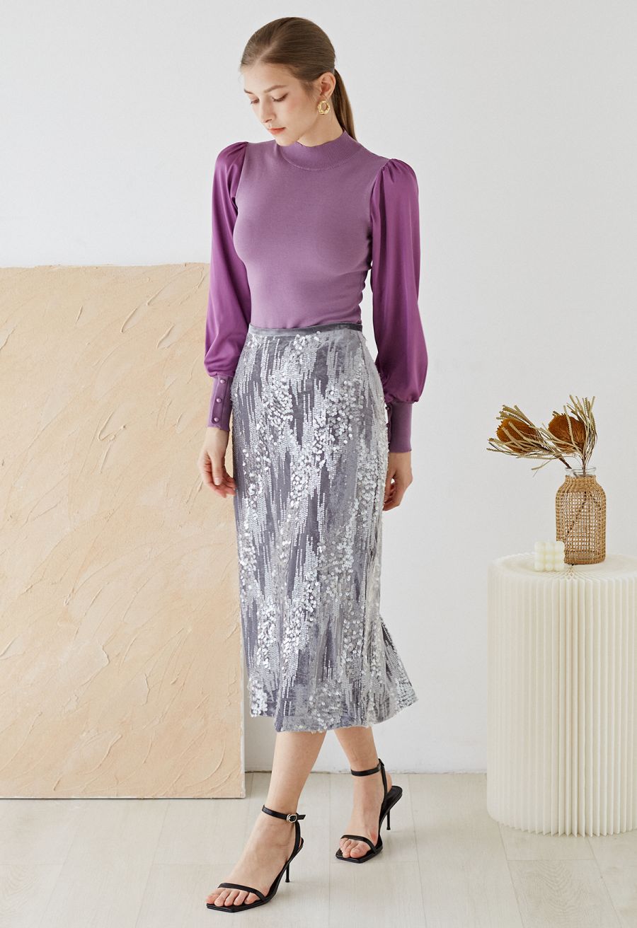 Velvet Sequins Embellished Pencil Skirt in Grey