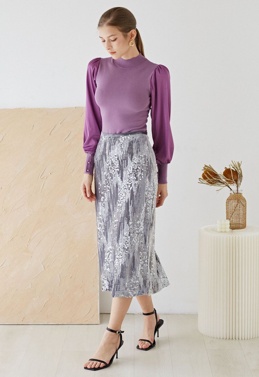 Mock Neck Satin Spliced Knit Top in Violet