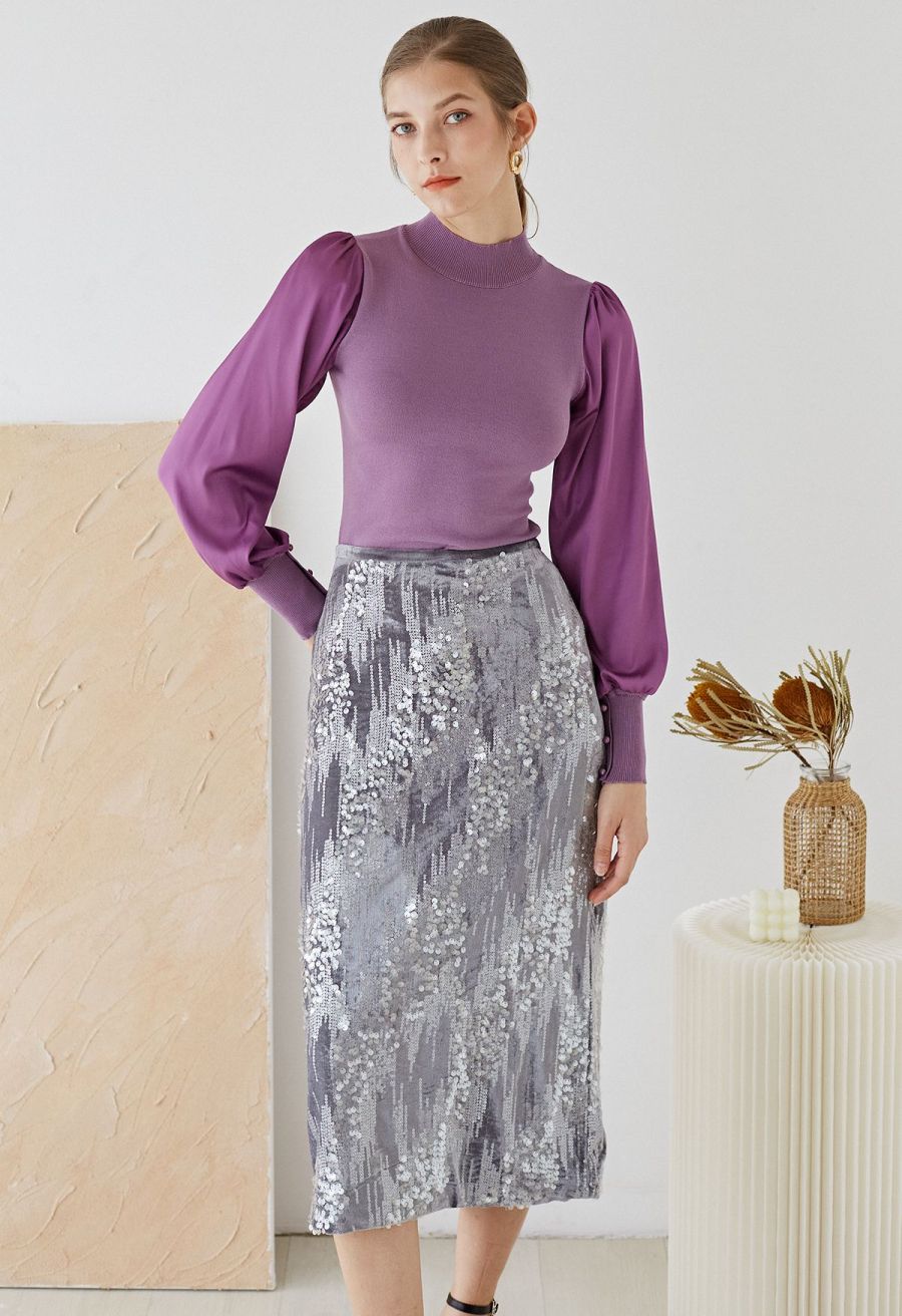 Mock Neck Satin Spliced Knit Top in Violet