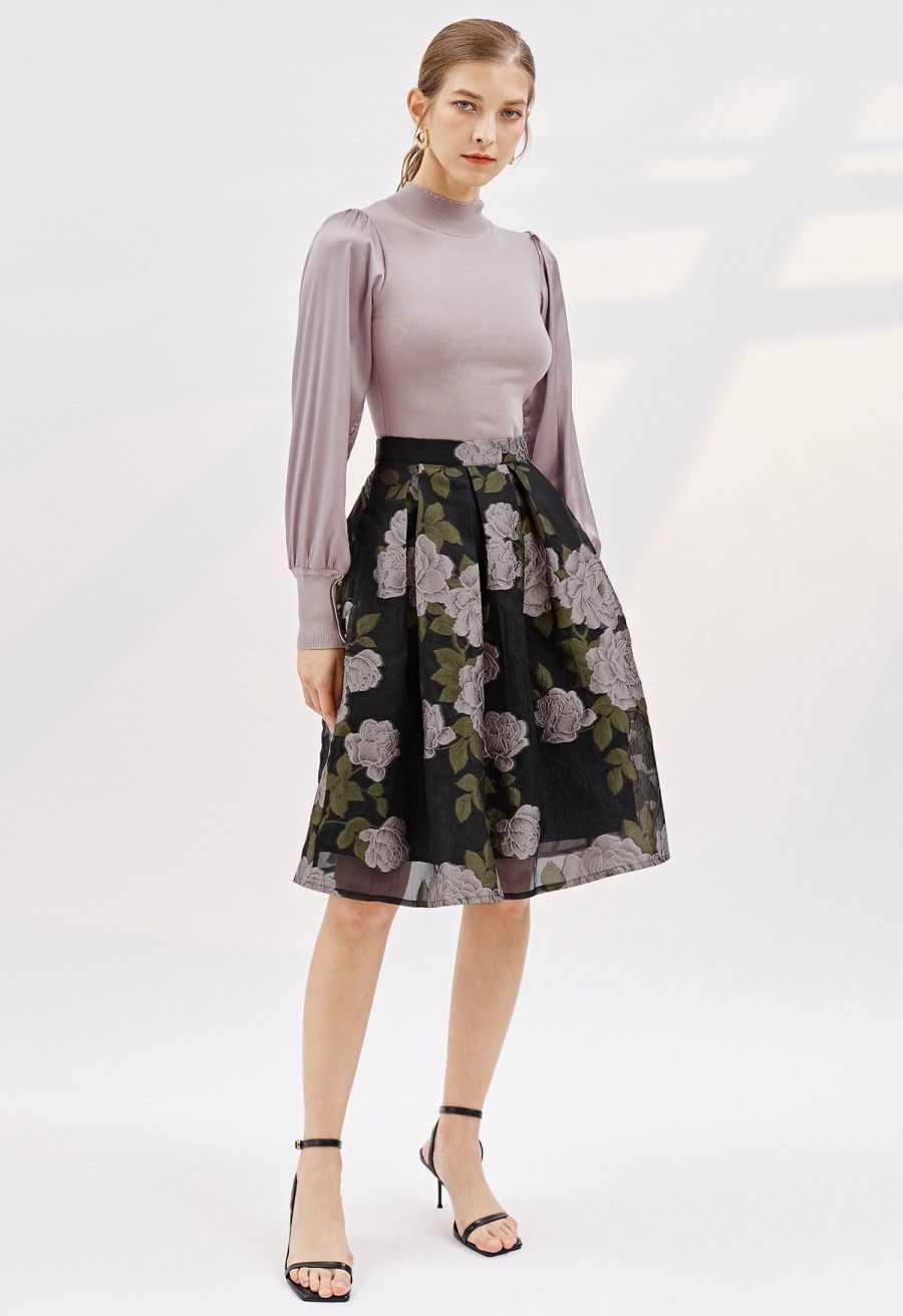 Mock Neck Satin Spliced Knit Top in Mauve