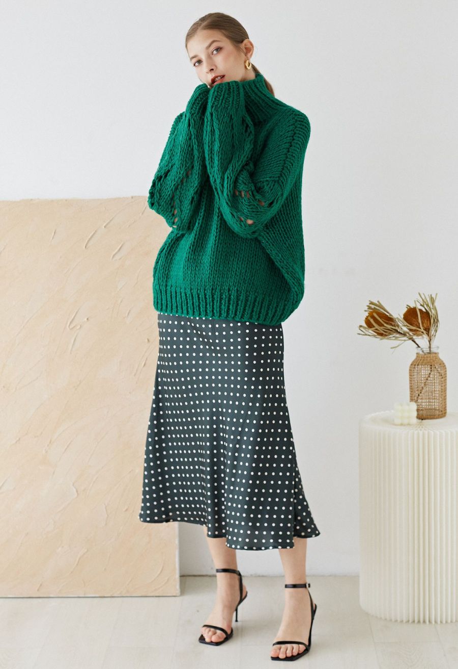 Pointelle Sleeve High Neck Hand-Knit Sweater in Green