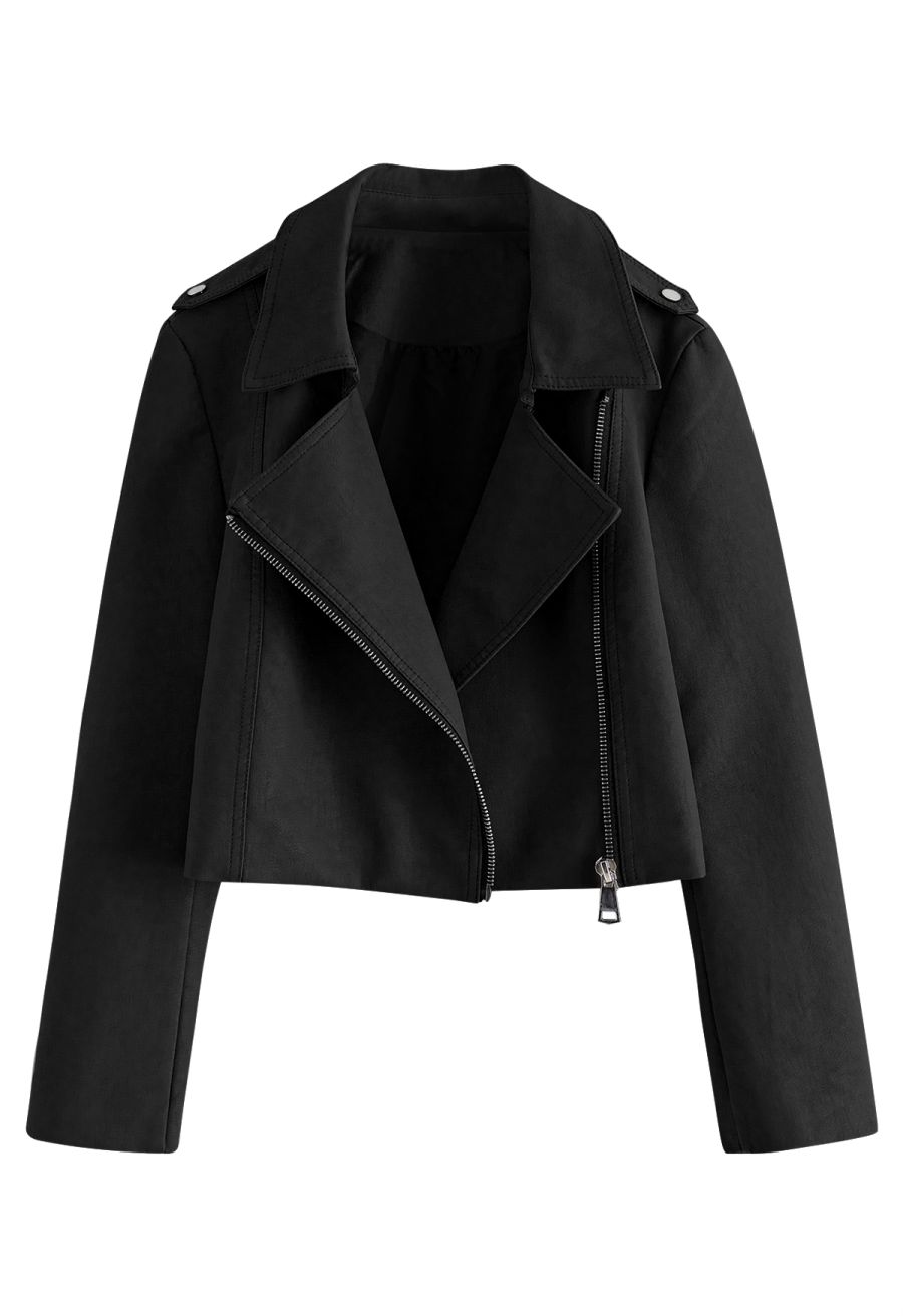 Edgy Faux Leather Moto Jacket in Black