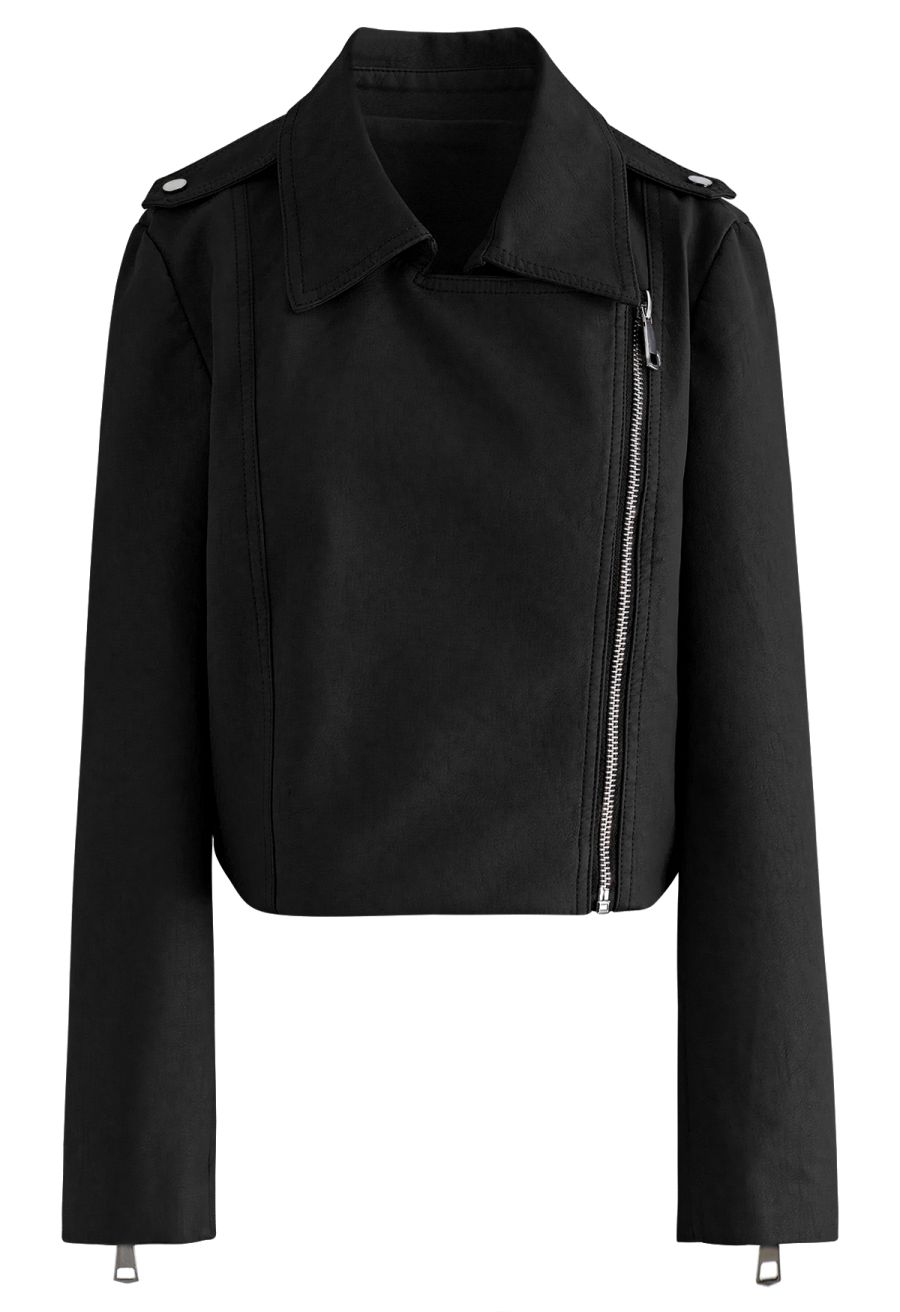 Edgy Faux Leather Moto Jacket in Black
