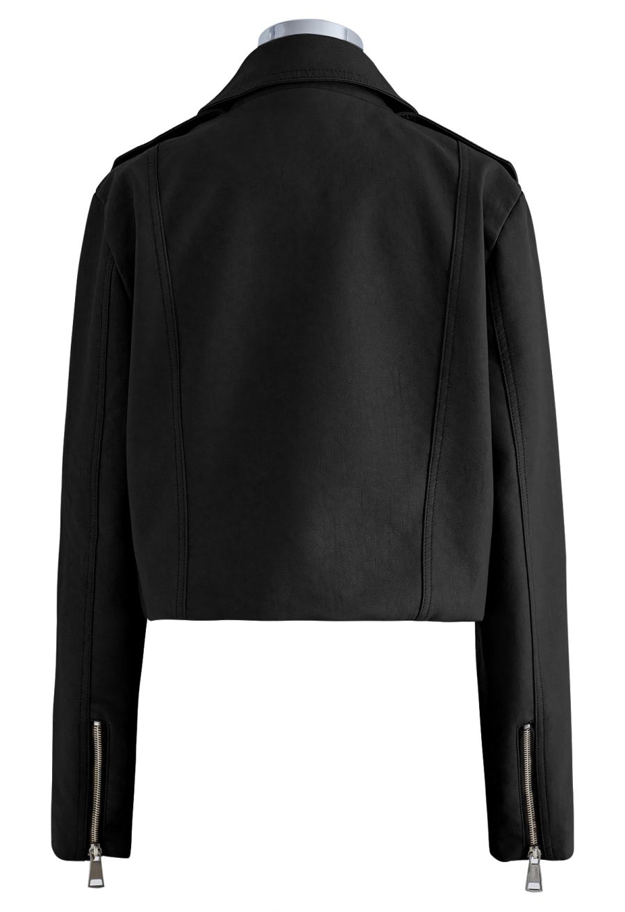Edgy Faux Leather Moto Jacket in Black