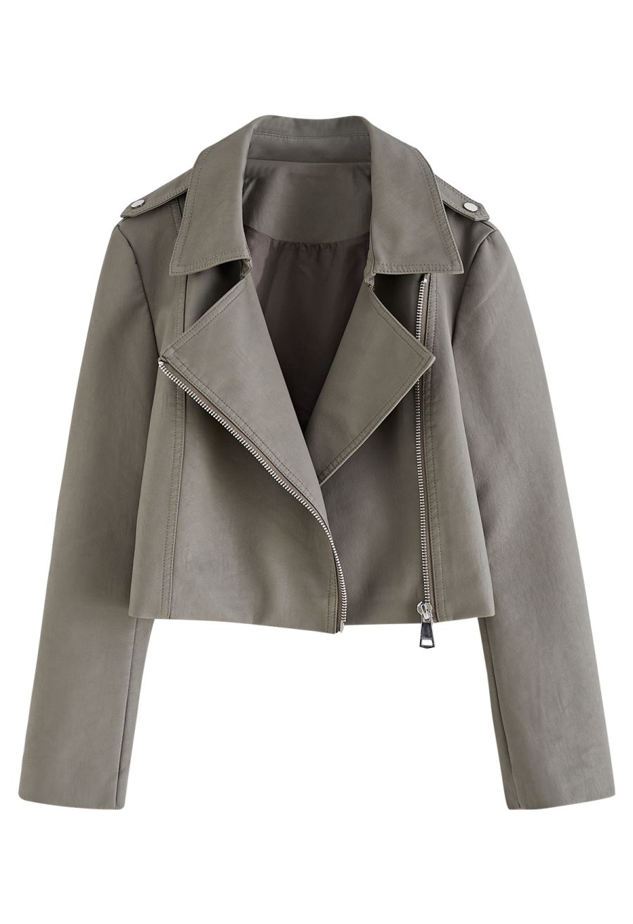 Edgy Faux Leather Moto Jacket in Sage