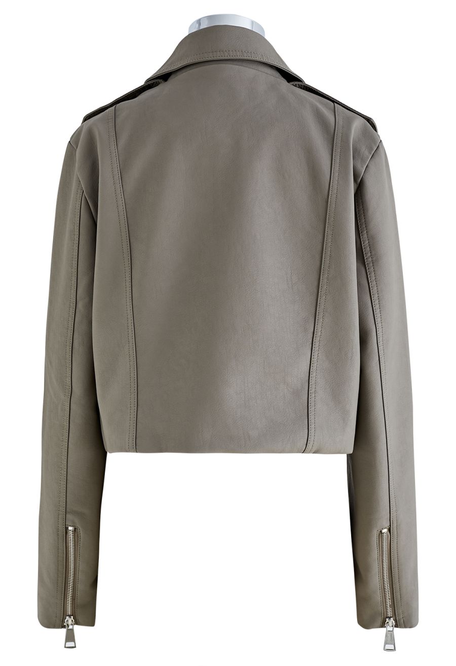 Edgy Faux Leather Moto Jacket in Sage
