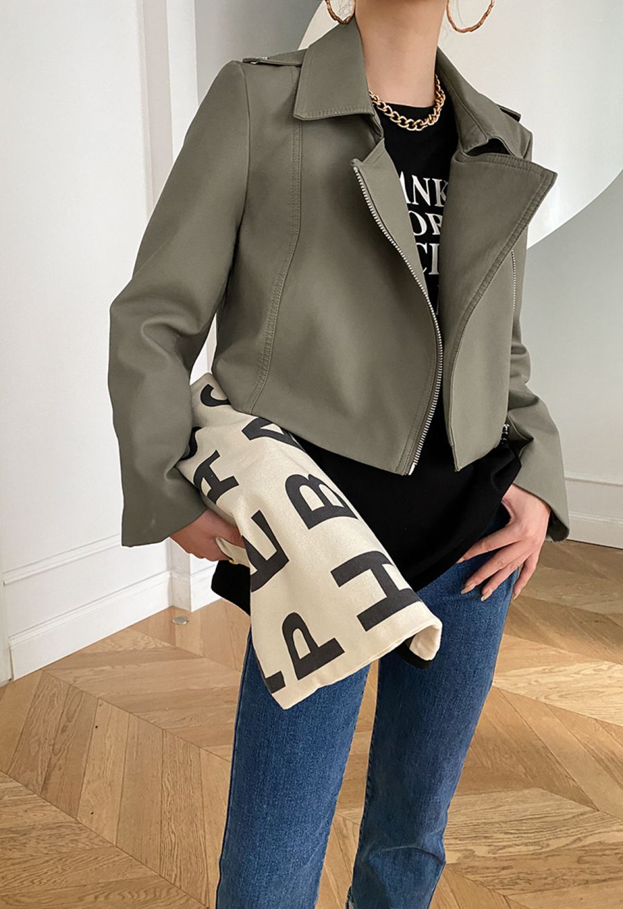 Edgy Faux Leather Moto Jacket in Sage