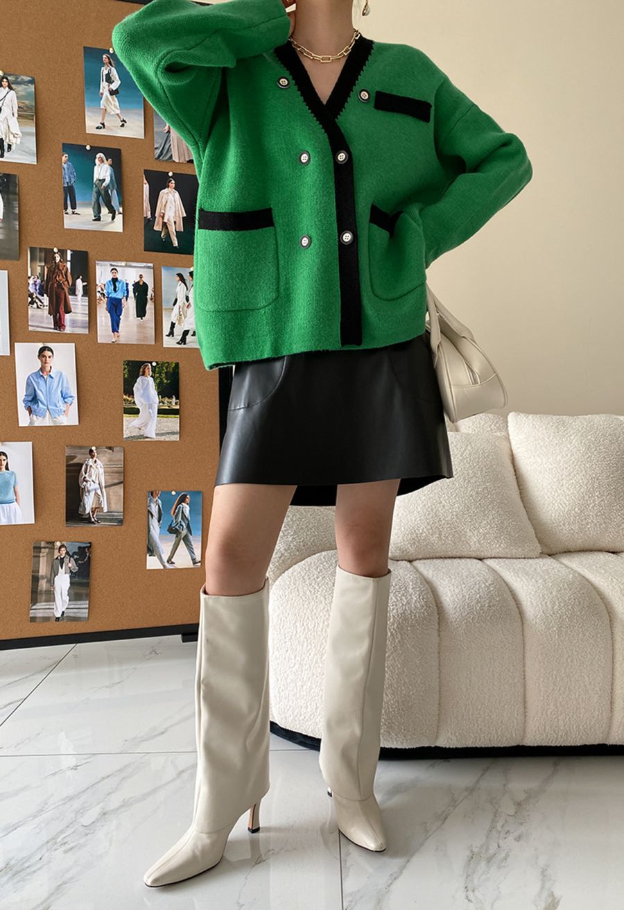 Double-Breasted Contrast Color Cardigan in Green