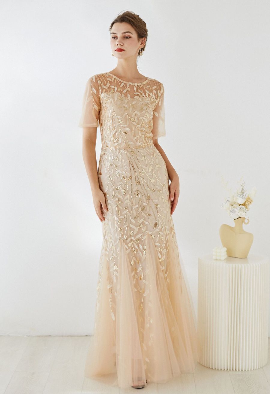Leaves Branch Sequined Mesh Panelled Gown in Apricot