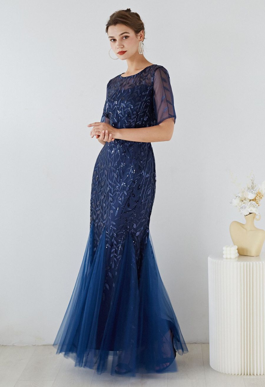 Leaves Branch Sequined Mesh Panelled Gown in Navy