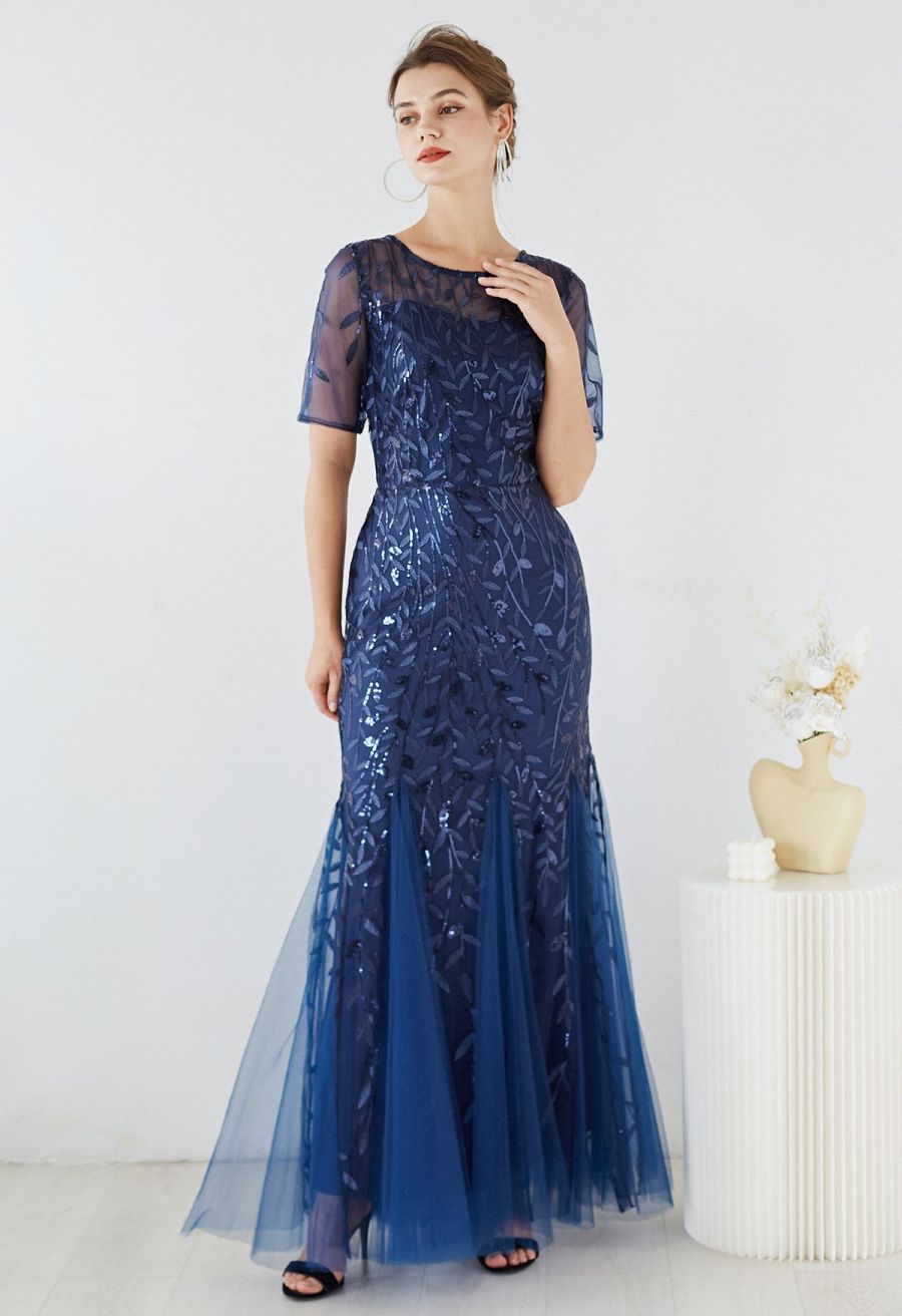 Leaves Branch Sequined Mesh Panelled Gown in Navy