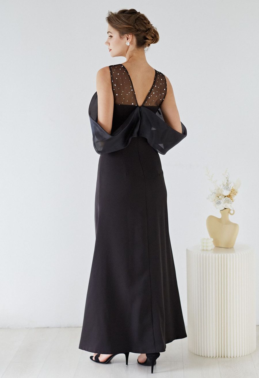Spliced Organza Cold-Shoulder Gown in Black