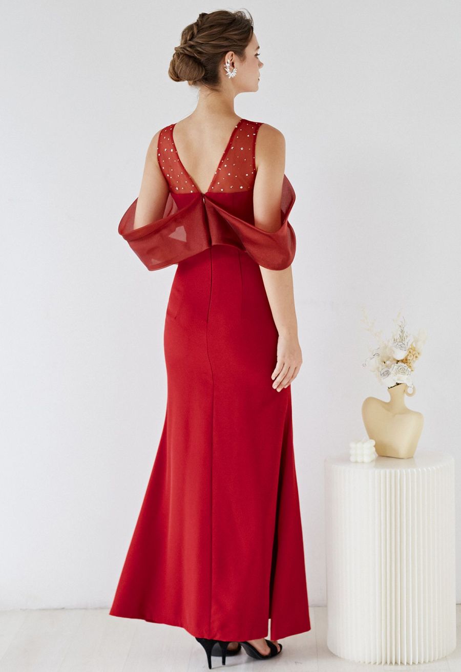 Spliced Organza Cold-Shoulder Gown in Red