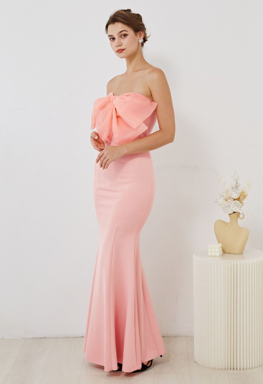 Bowknot Strapless Mermaid Gown in Pink