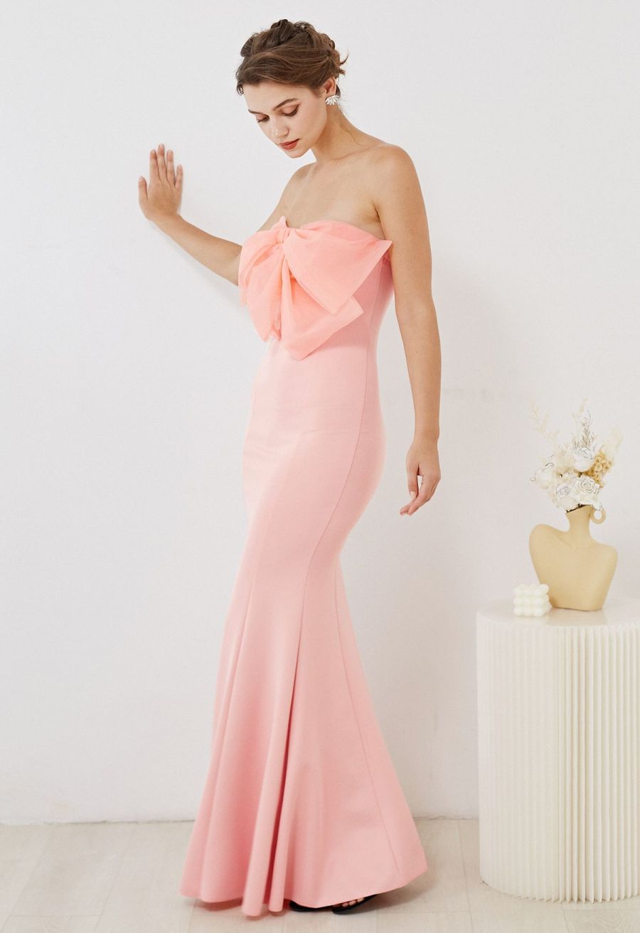 Bowknot Strapless Mermaid Gown in Pink