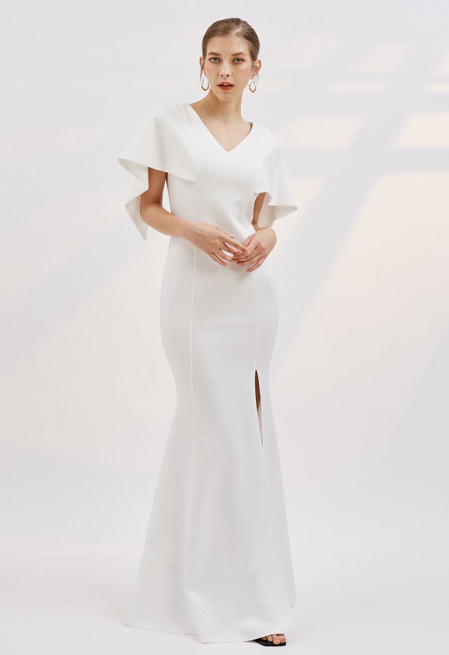 Cape Sleeves Split Mermaid Gown in White