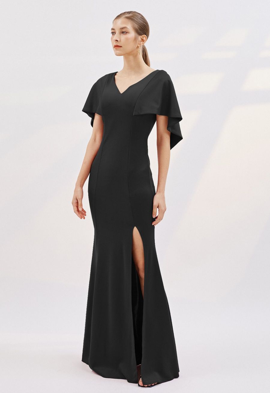 Cape Sleeves Split Mermaid Gown in Black