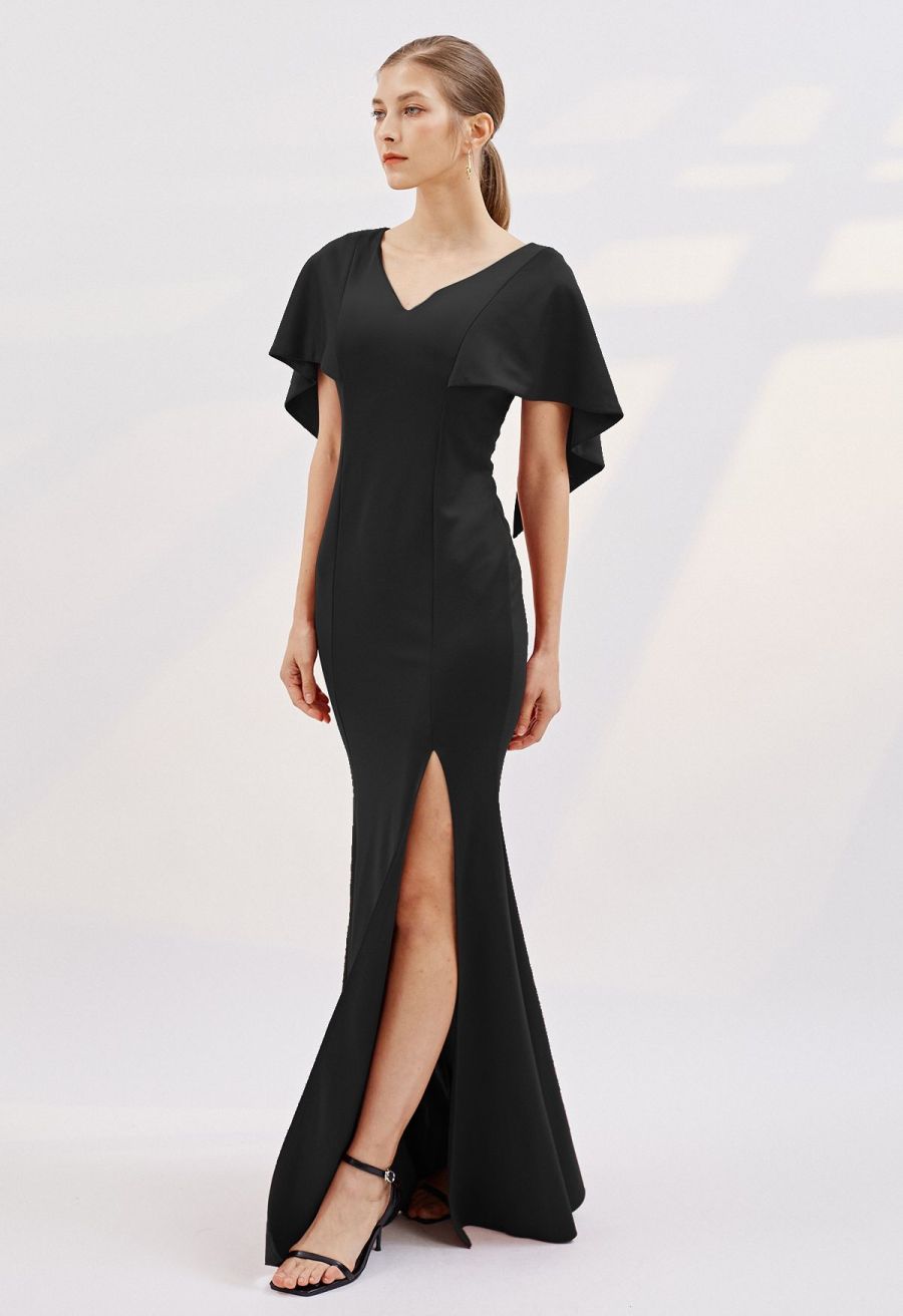 Cape Sleeves Split Mermaid Gown in Black