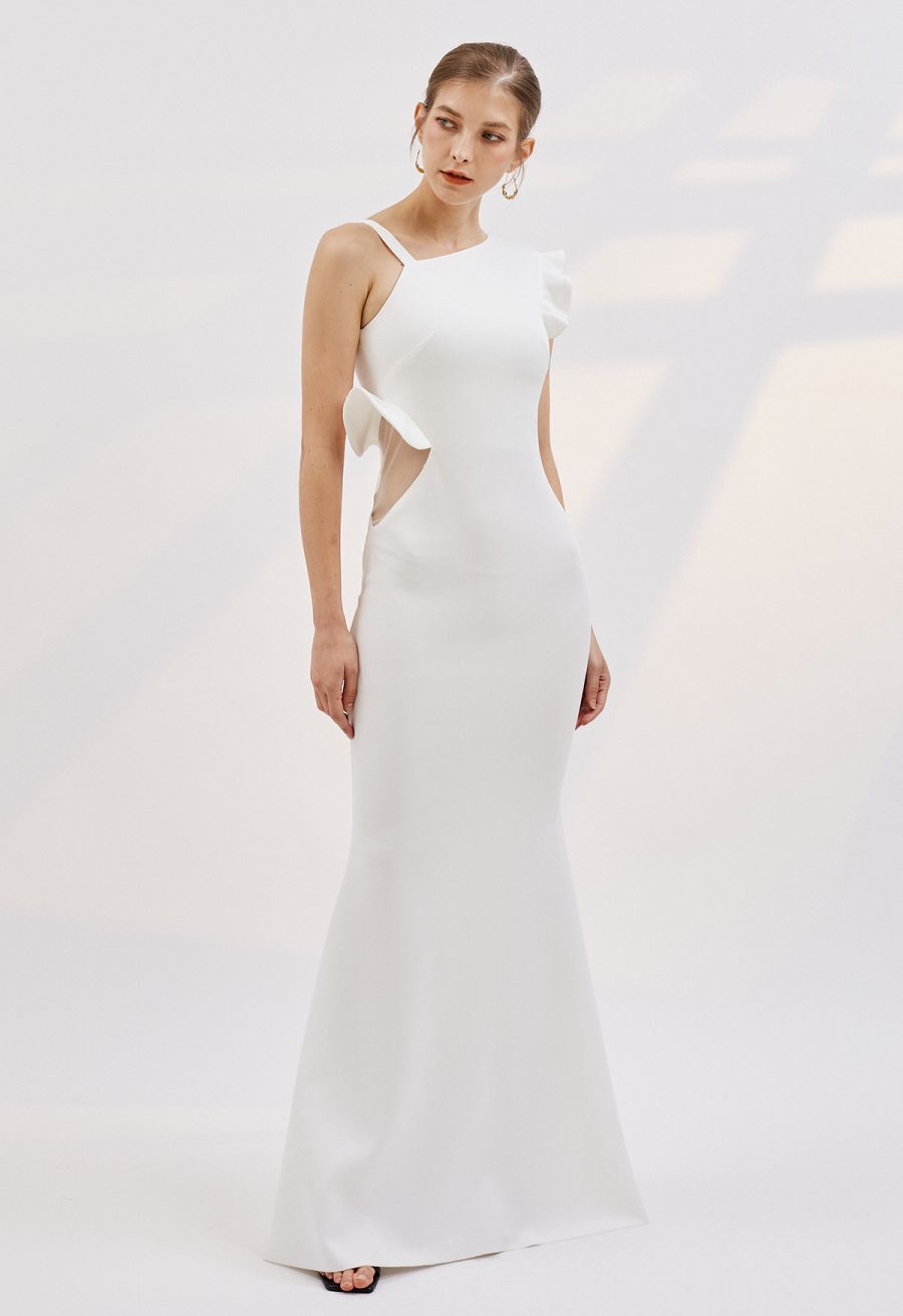 Asymmetric Strap Ruffle Mermaid Gown in White