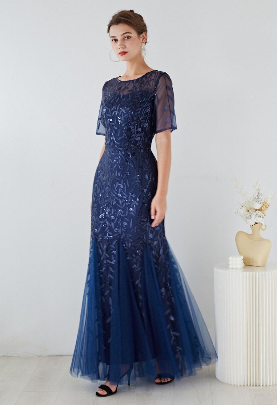 Leaves Branch Sequined Mesh Panelled Gown in Navy