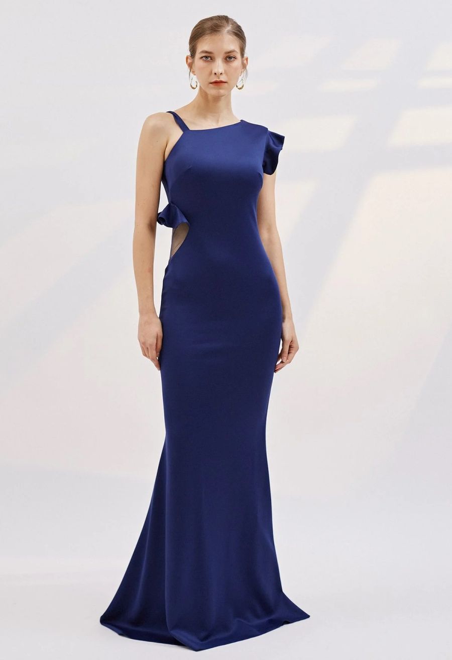 Asymmetric Strap Ruffle Mermaid Gown in Navy