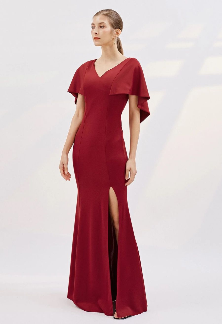 Cape Sleeves Split Mermaid Gown in Burgundy