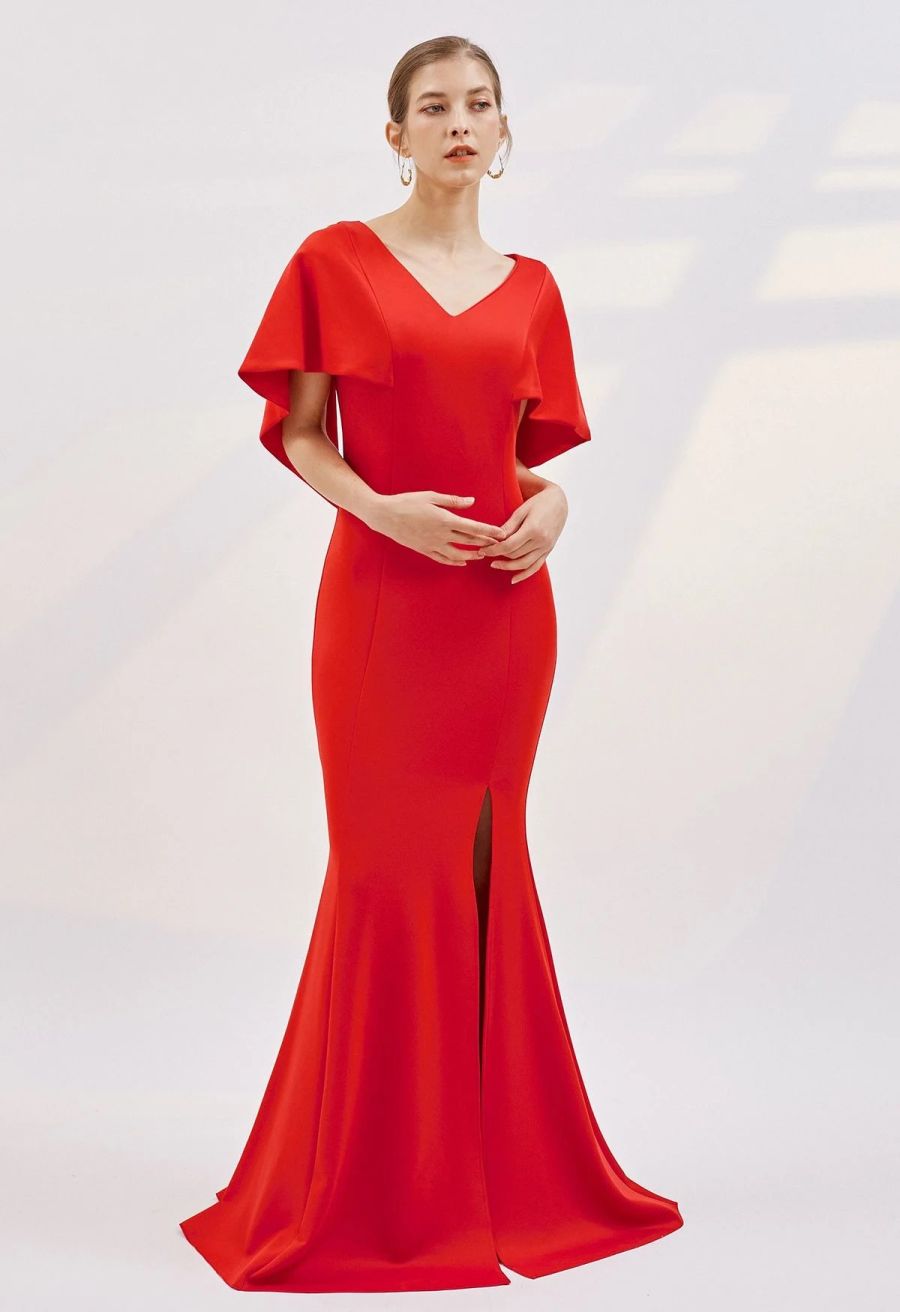 Cape Sleeves Split Mermaid Gown in Red