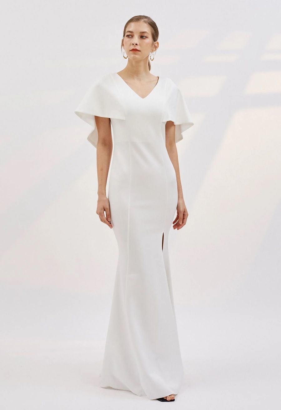 Cape Sleeves Split Mermaid Gown in White
