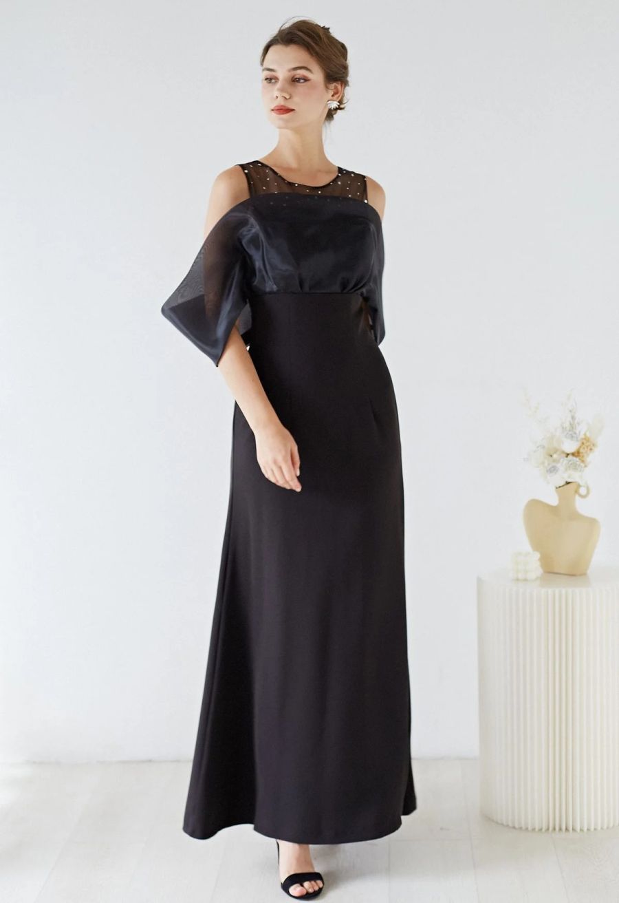 Spliced Organza Cold-Shoulder Gown in Black