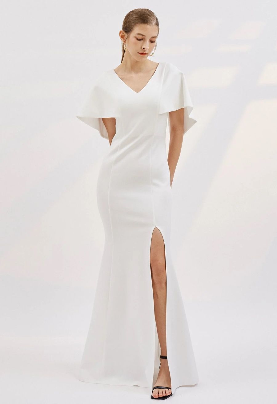 Cape Sleeves Split Mermaid Gown in White