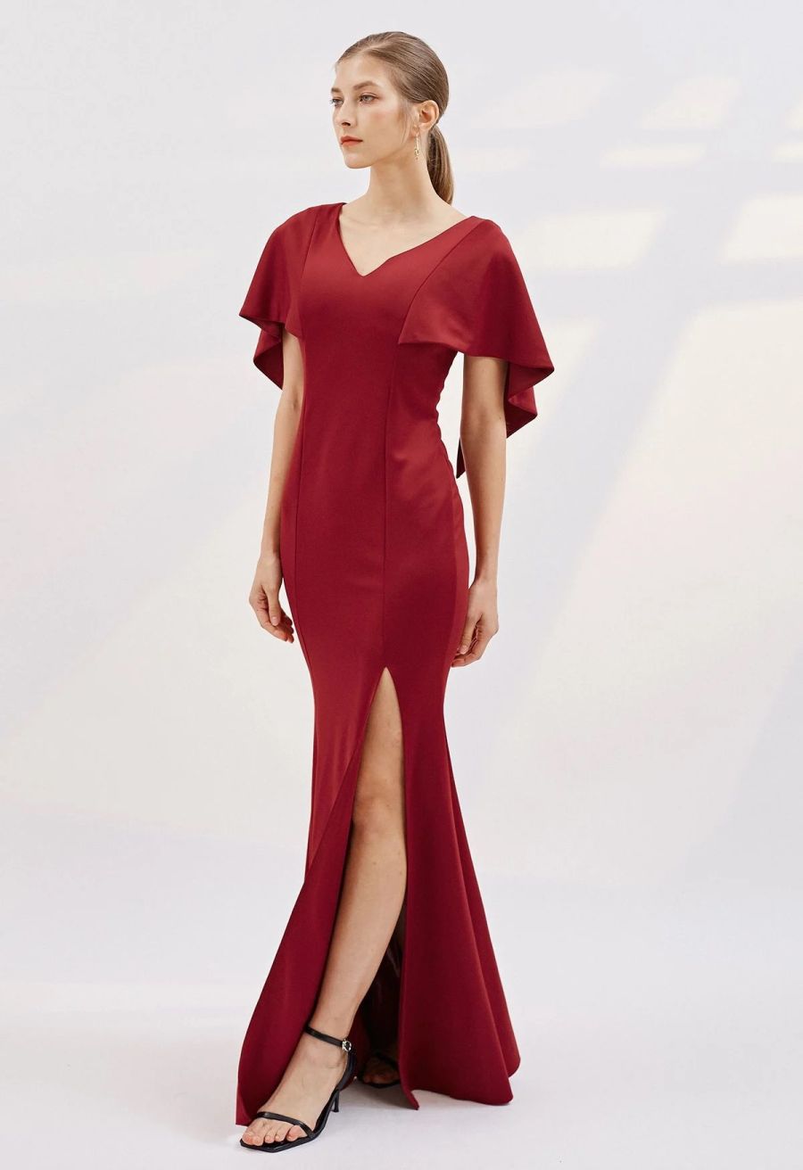 Cape Sleeves Split Mermaid Gown in Burgundy