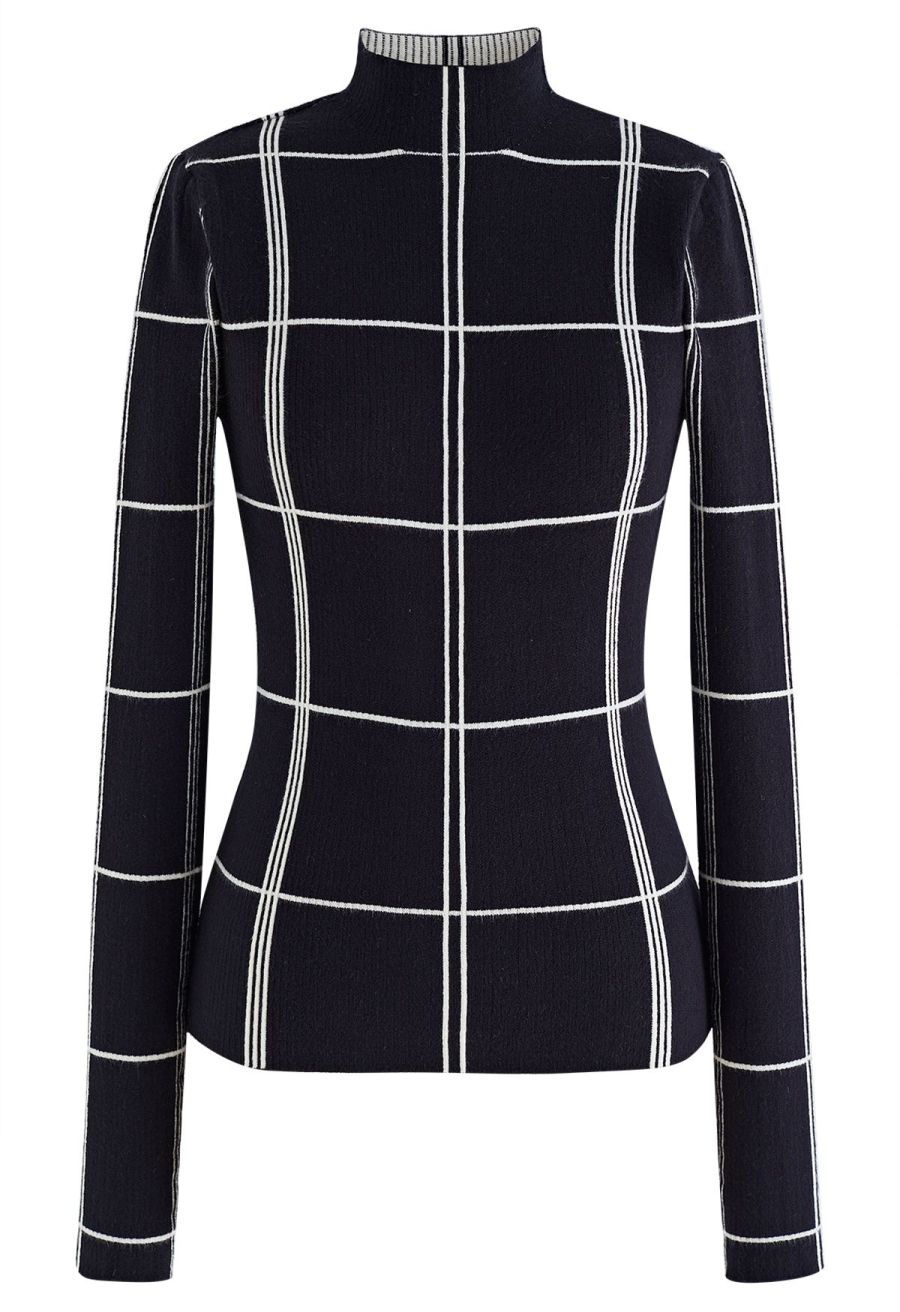 Grid Mock Neck Knit Top in Black