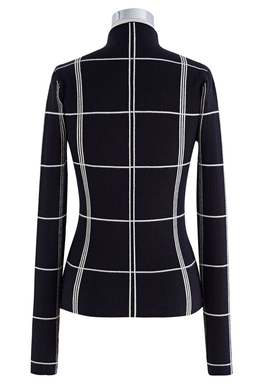Grid Mock Neck Knit Top in Black