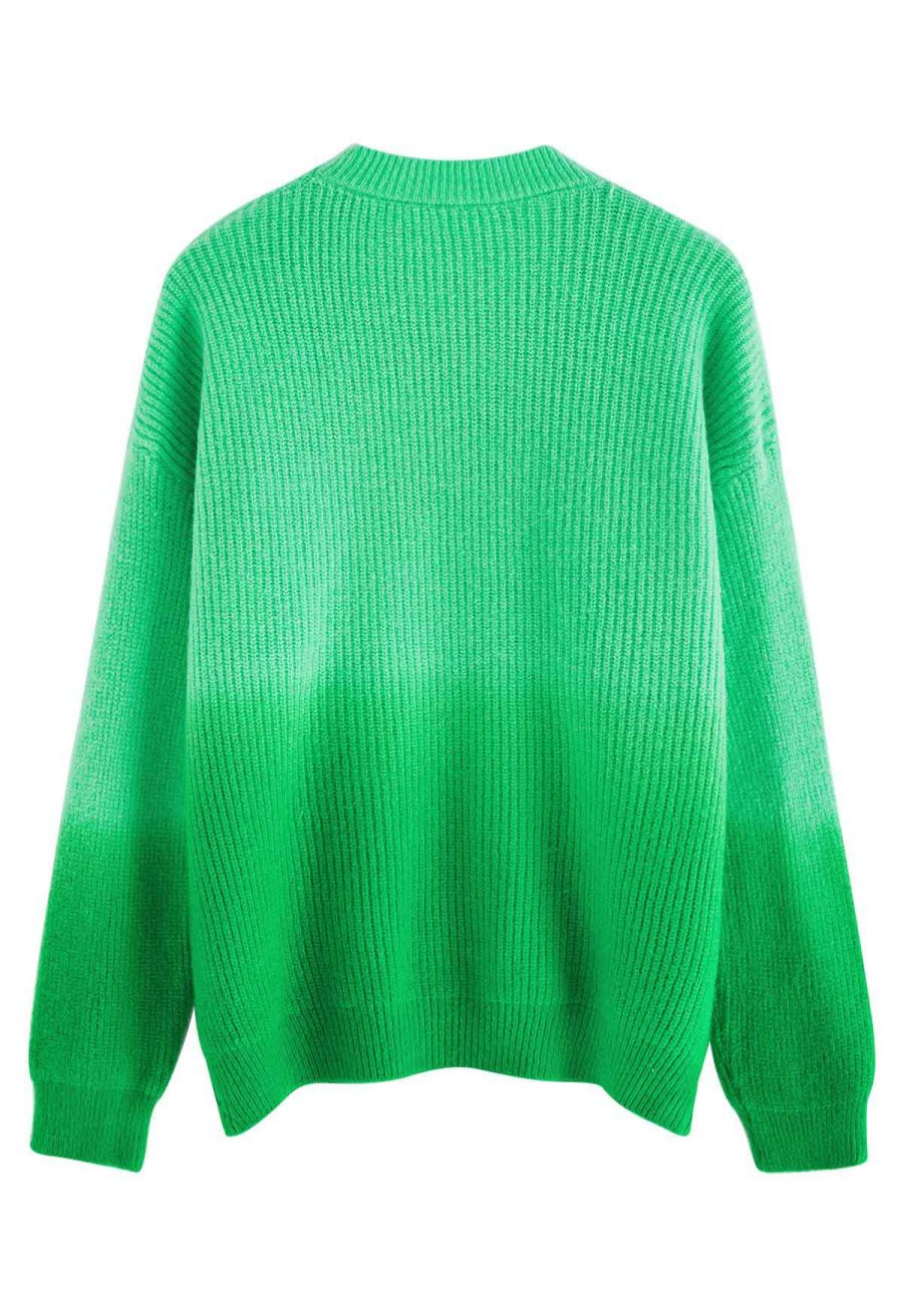 Ombre Round Neck Rib Knit Sweater in Green