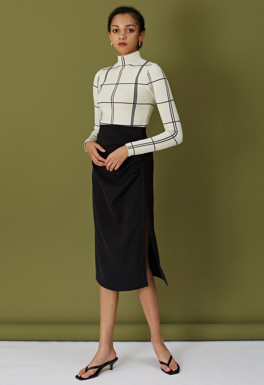 Grid Mock Neck Knit Top in Ivory