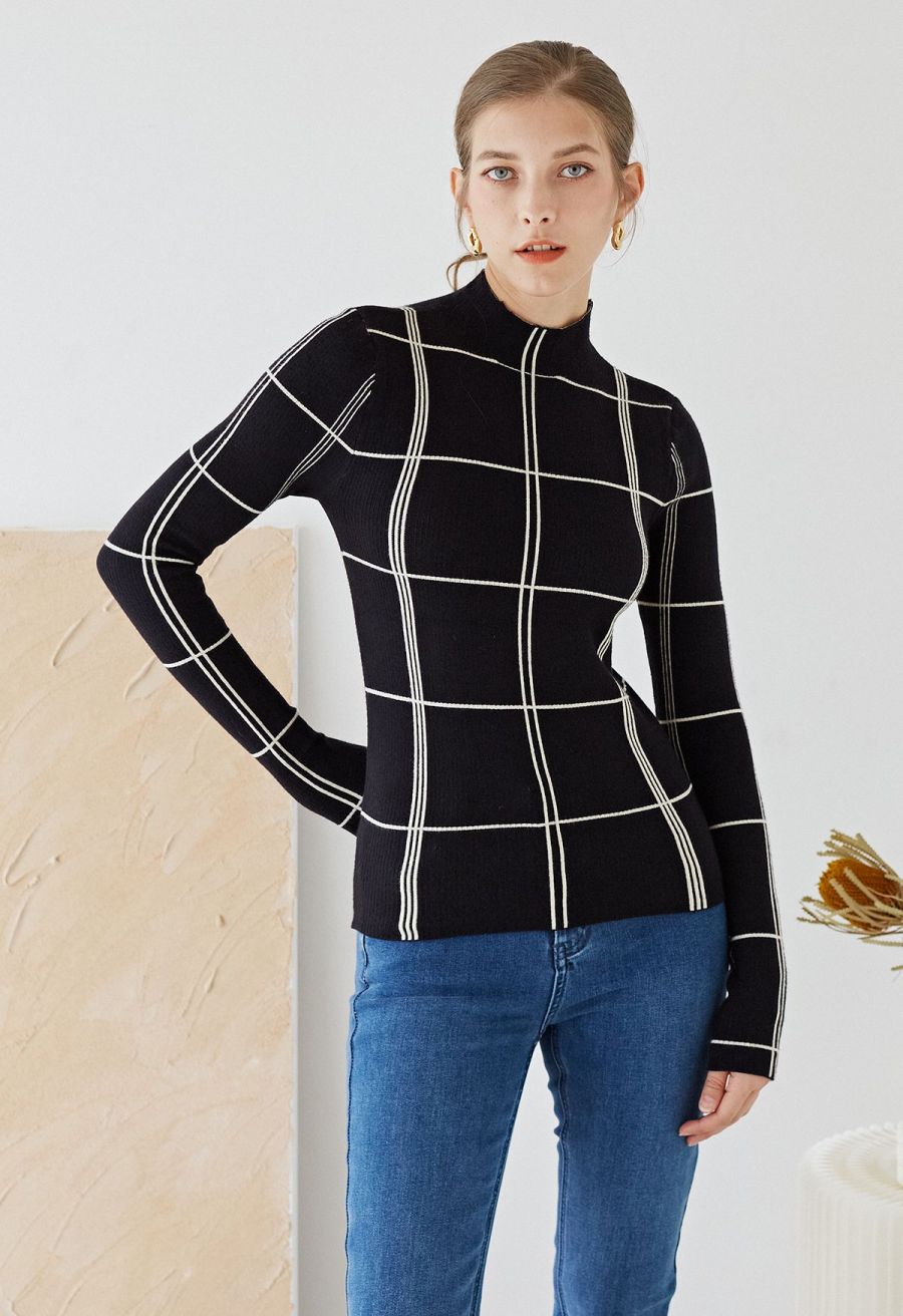 Grid Mock Neck Knit Top in Black