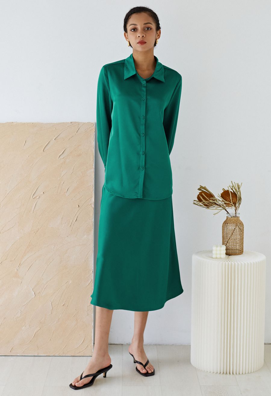 Satin Finish Bias Cut Midi Skirt in Emerald