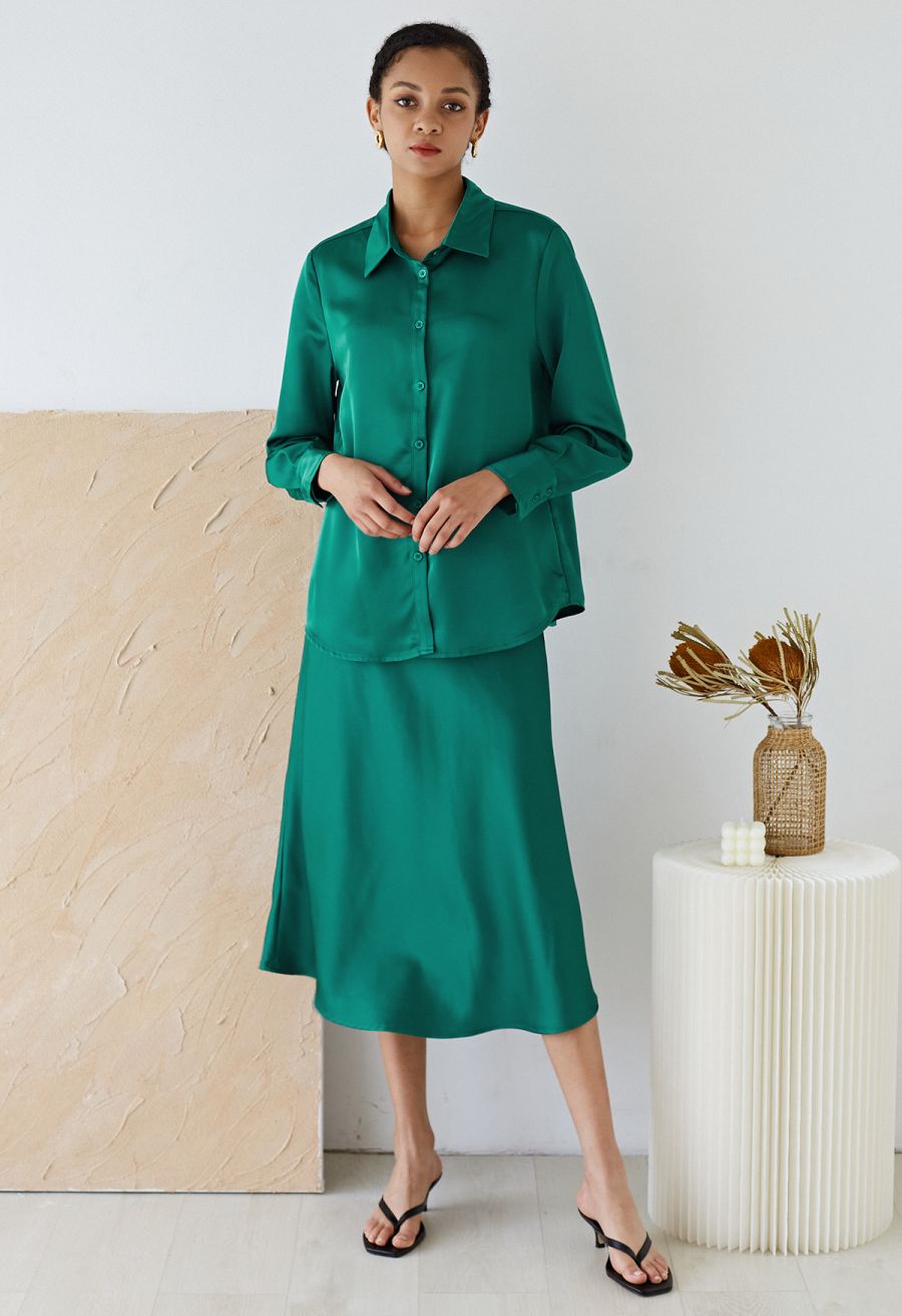 Satin Finish Bias Cut Midi Skirt in Emerald