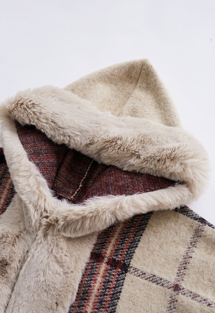 Plaid Fringe Faux Fur Hooded Poncho in Camel