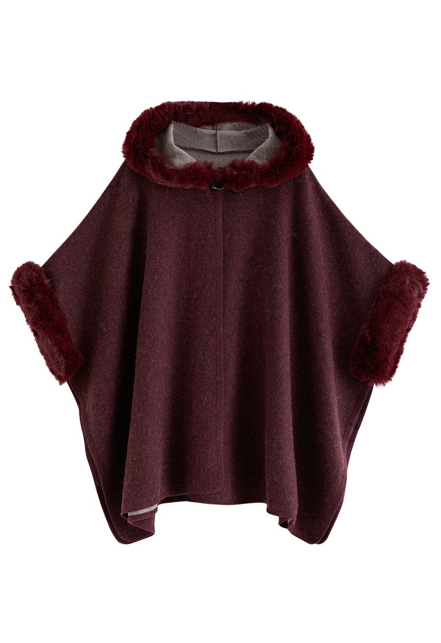 Cozy Faux Fur Hooded Poncho in Burgundy