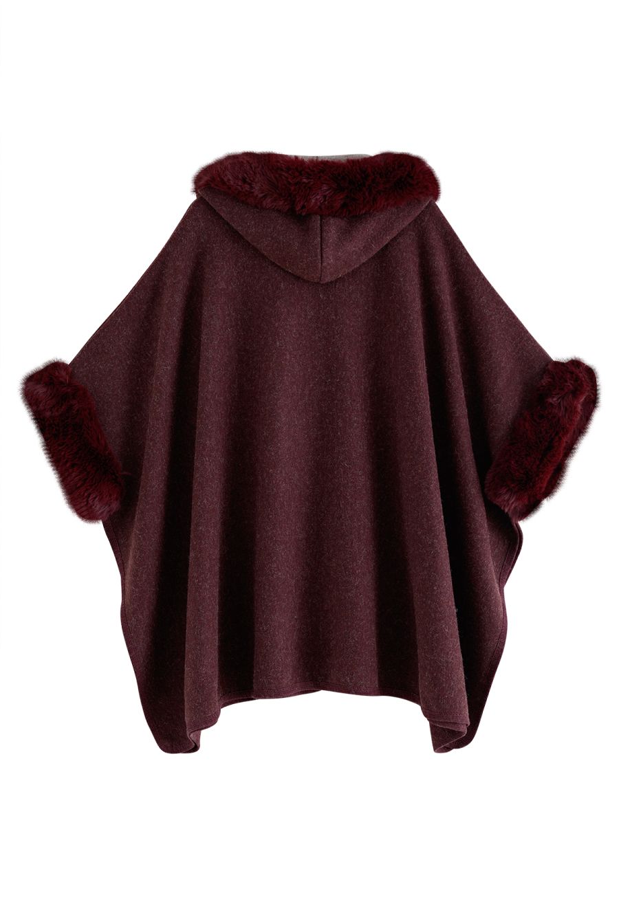 Cozy Faux Fur Hooded Poncho in Burgundy