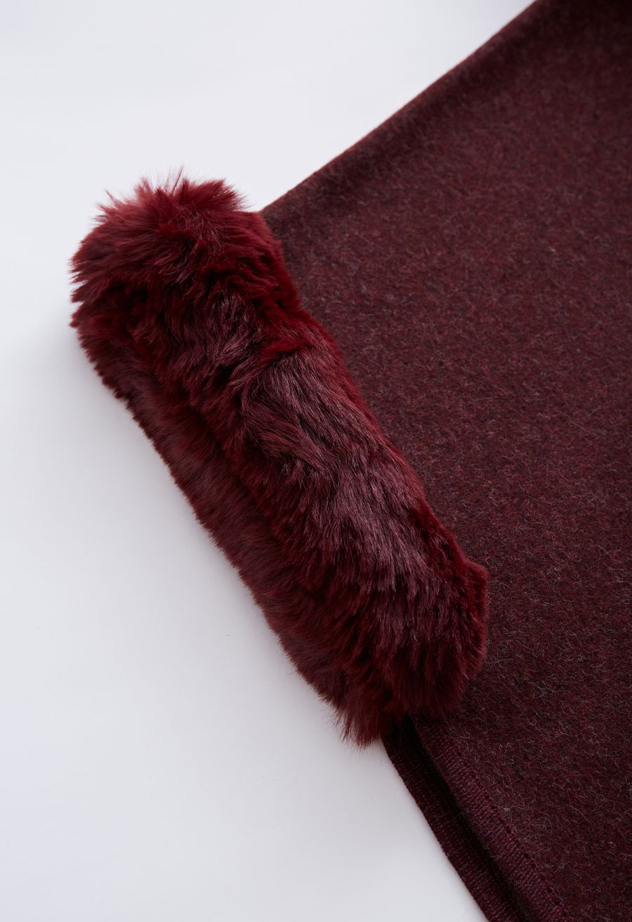 Cozy Faux Fur Hooded Poncho in Burgundy
