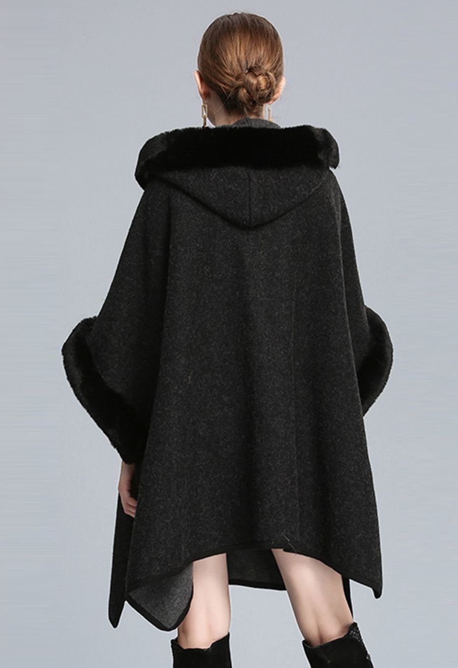 Cozy Faux Fur Hooded Poncho in Dark Green