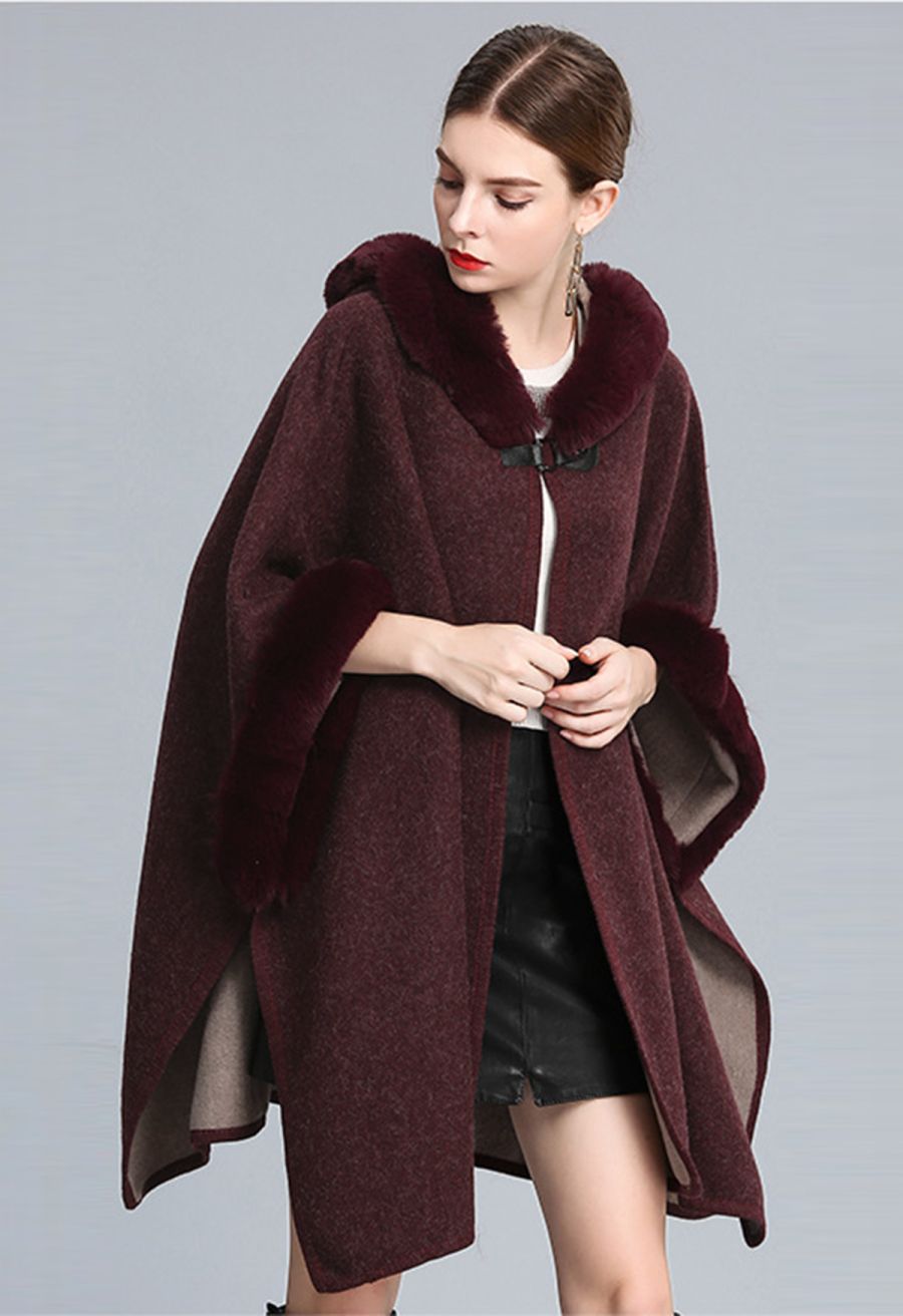 Cozy Faux Fur Hooded Poncho in Burgundy