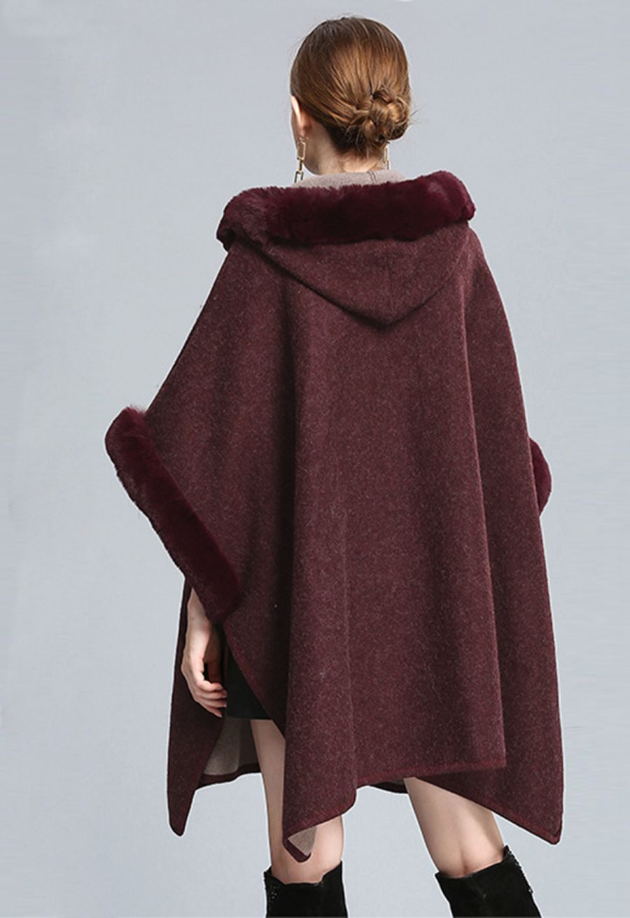 Cozy Faux Fur Hooded Poncho in Burgundy