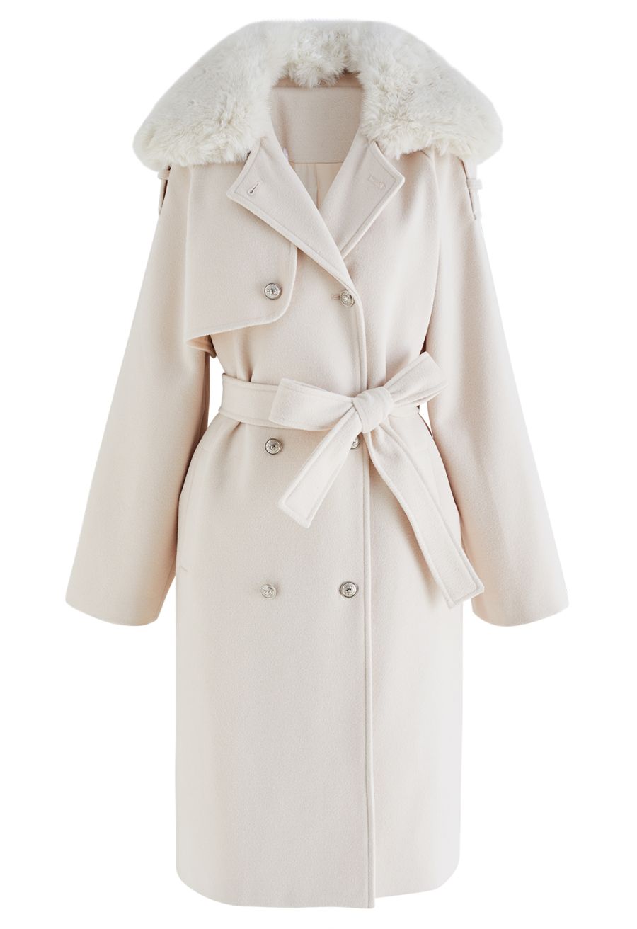 Faux Fur Collar Double Breasted Belted Coat in Cream