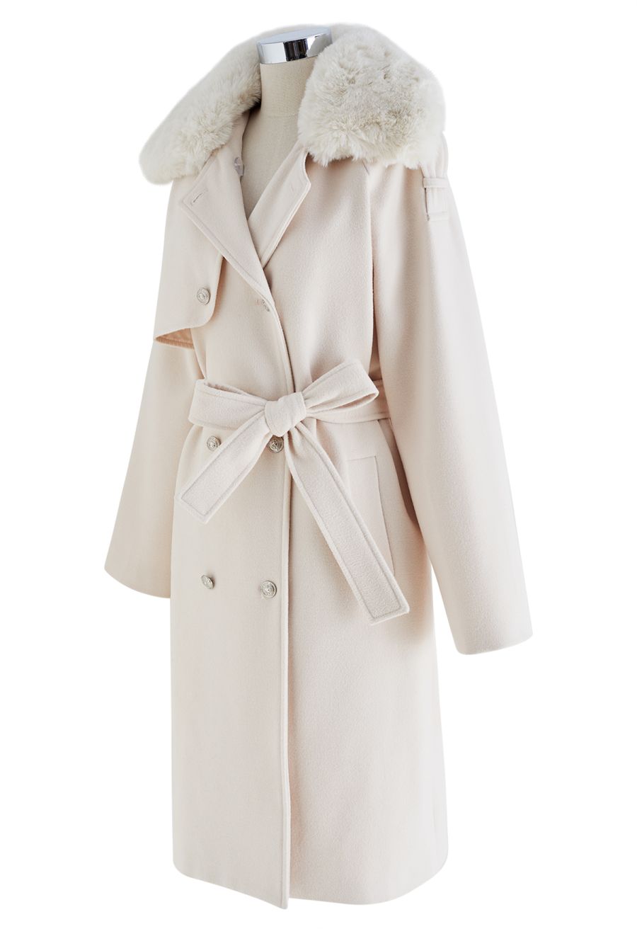 Faux Fur Collar Double Breasted Belted Coat in Cream