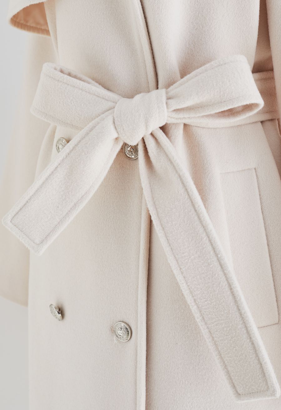 Faux Fur Collar Double Breasted Belted Coat in Cream