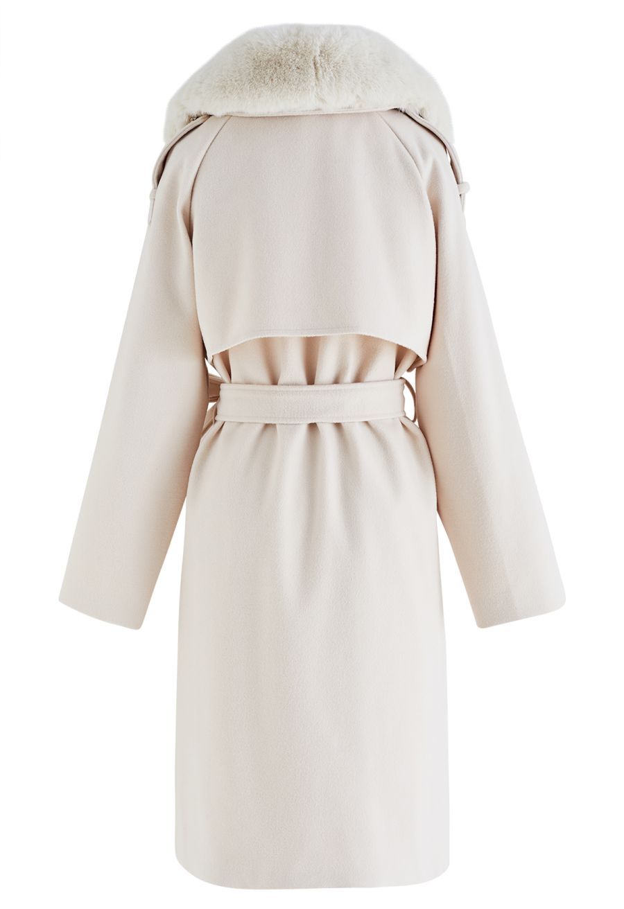 Faux Fur Collar Double Breasted Belted Coat in Cream